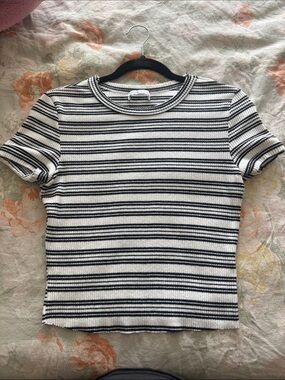 Urban Outfitters Black & White Striped Ribbed Short Sleeve Top